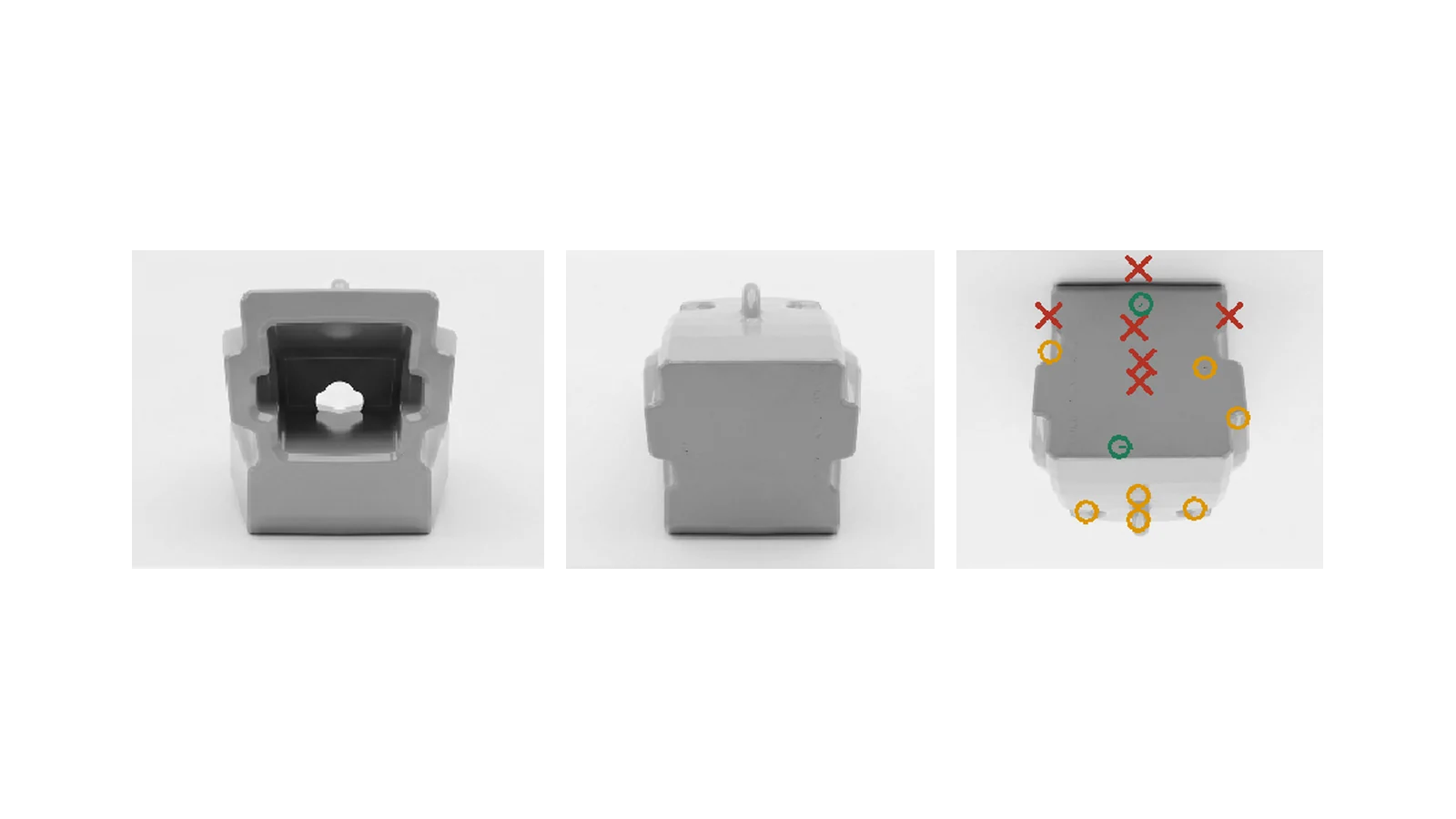 The correct part with a deep hollow socket, the model's output with the socket filled solid, and the per-feature verdict marking what is missing